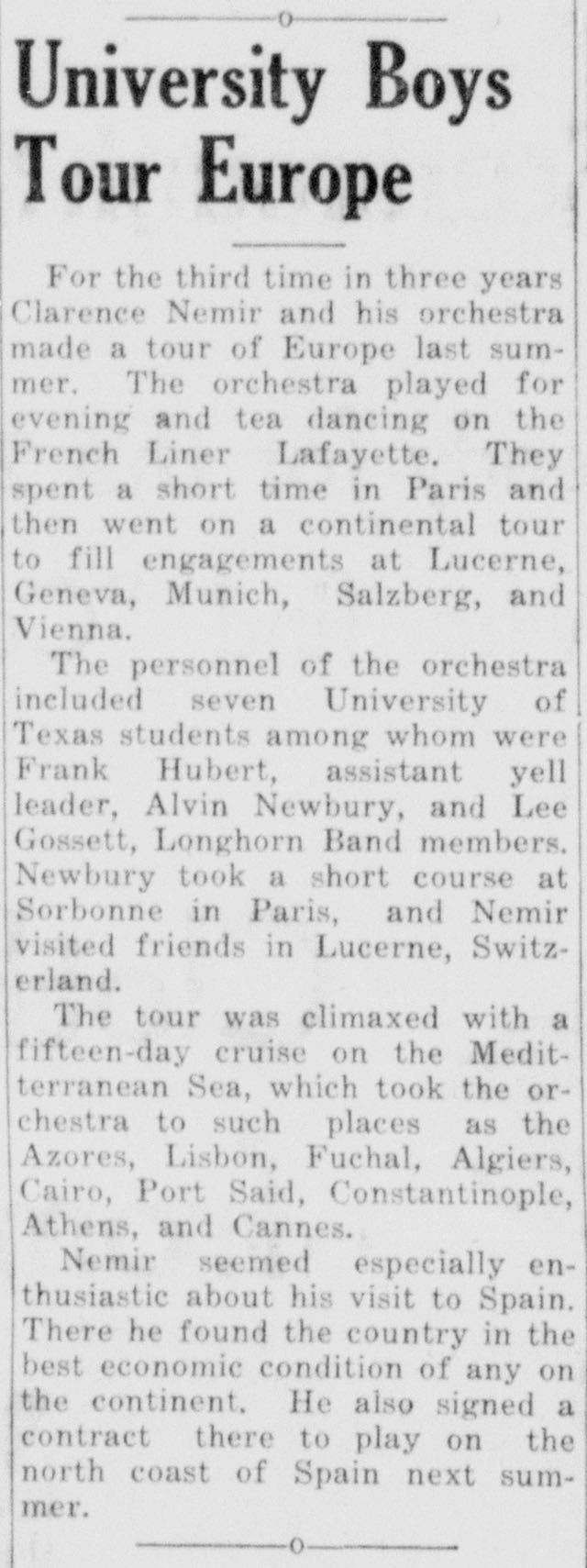Newspaper clipping about the Clarence Nemir tour