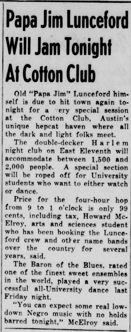 Clipping with headline ‘Papa Jim Lunceford Will Jam Tonight at Cotton Club’