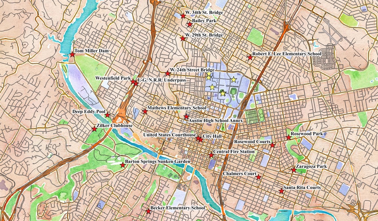Map of New Deal buildings in Central Austin
